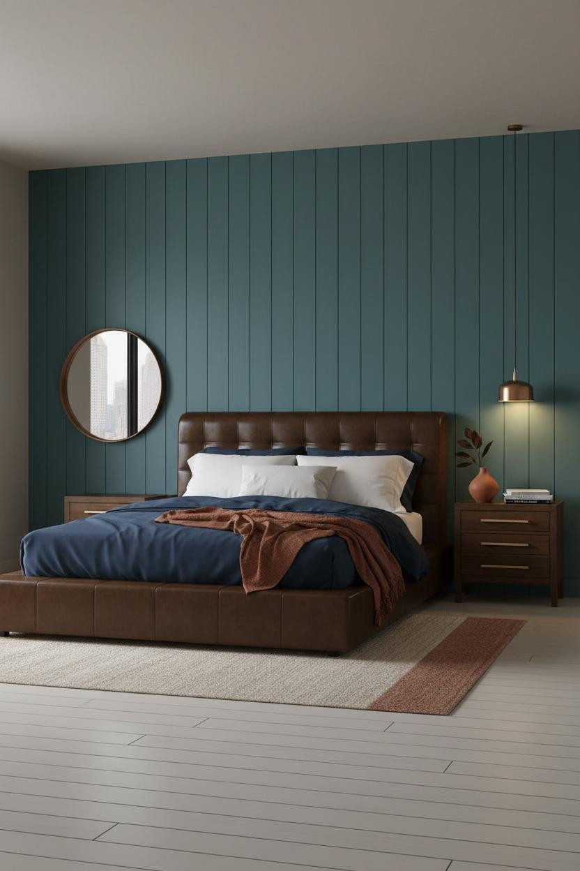 Moody Mid Century Bedroom Teal Shiplap Design