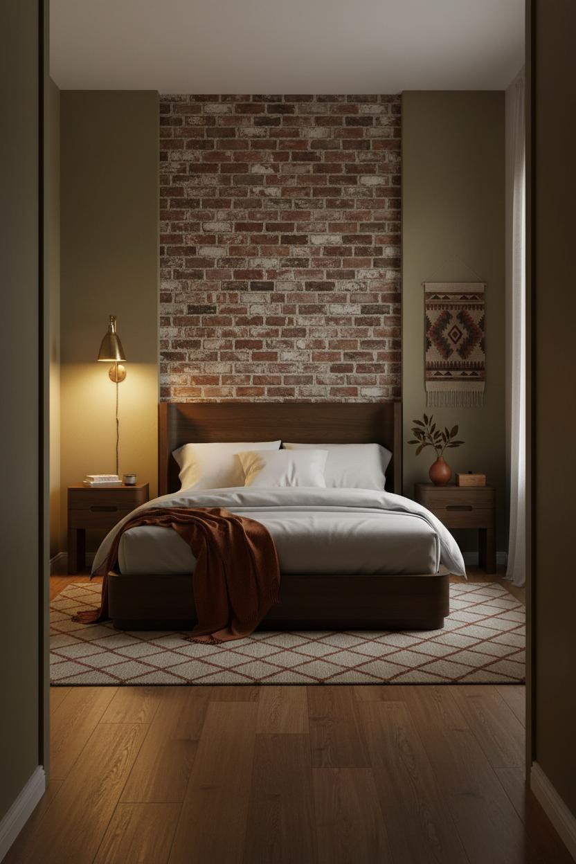 Moody Mid Century Bedroom Brass Sconce Brick
