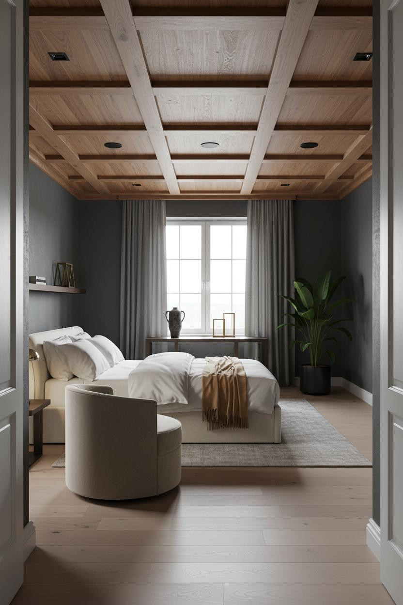 Luxury Bedroom Walnut Coffered Ceiling Modern