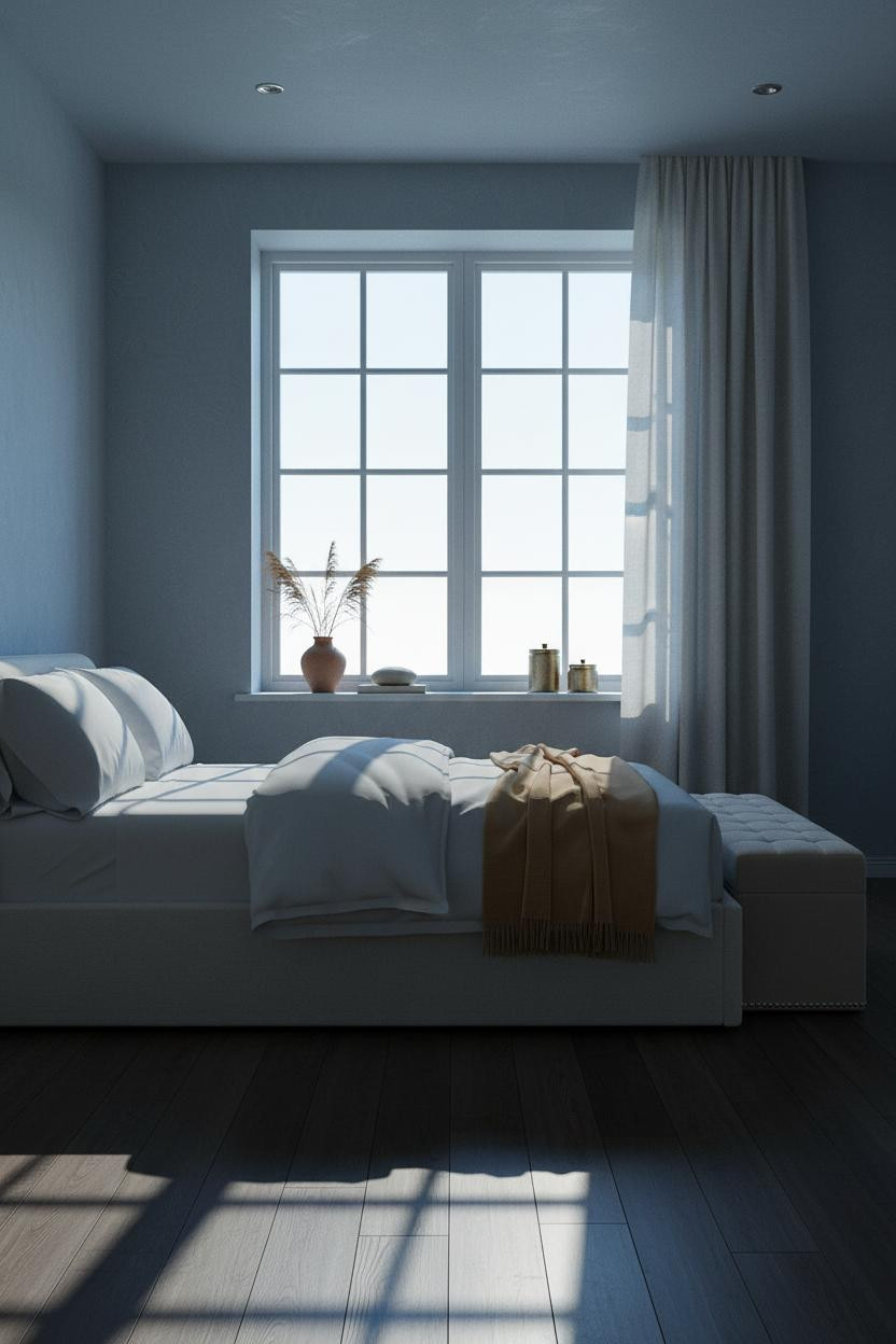 Blue Cottage Bedroom Japandi Window Light
