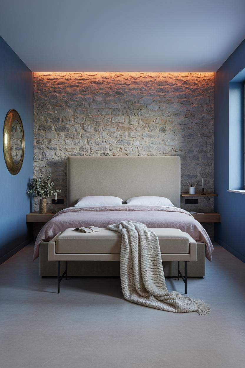 Blue Cottage Bedroom Stone Wall Provencal