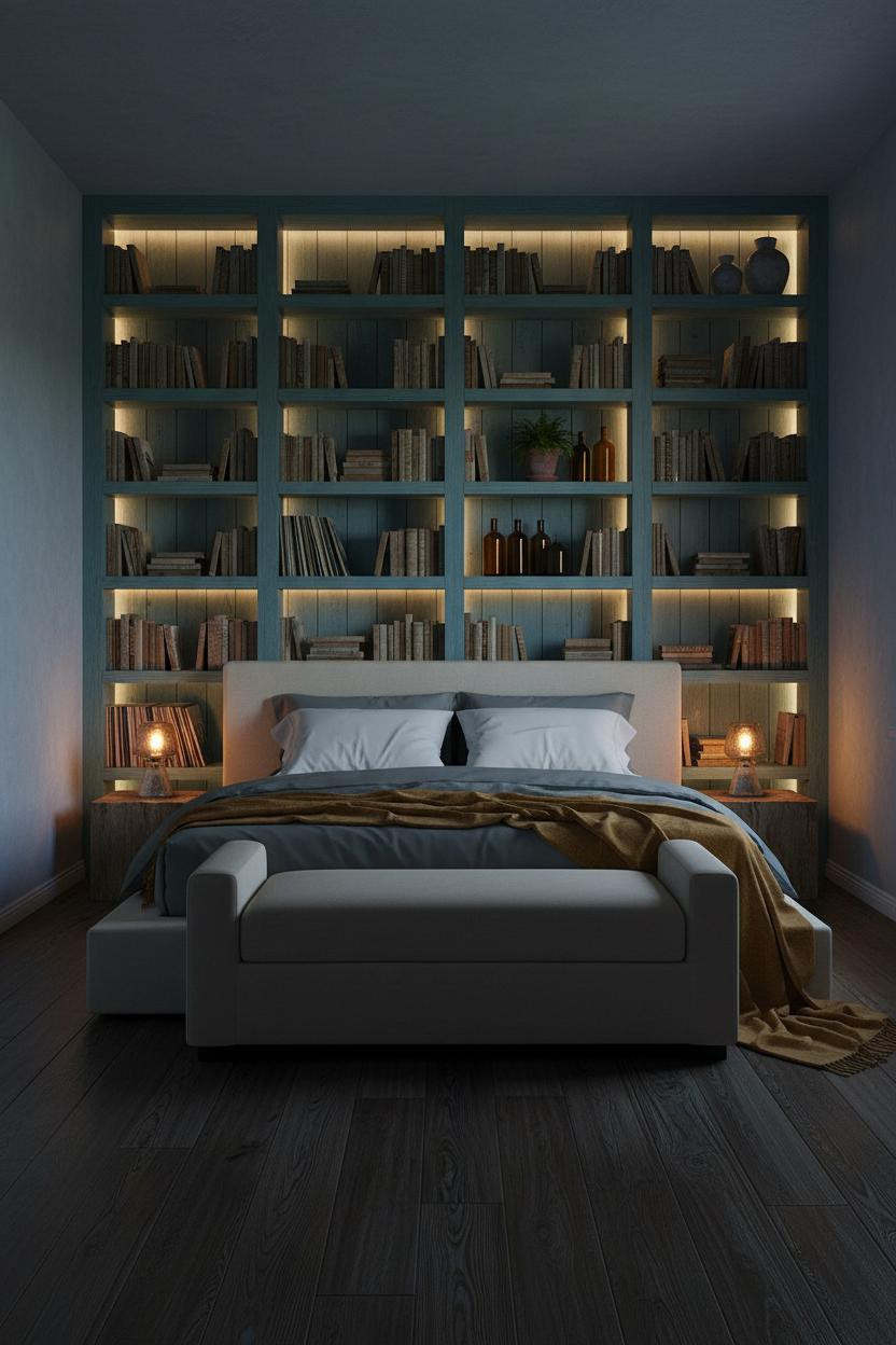 Blue Cottage Bedroom Teal Shelving Lighting