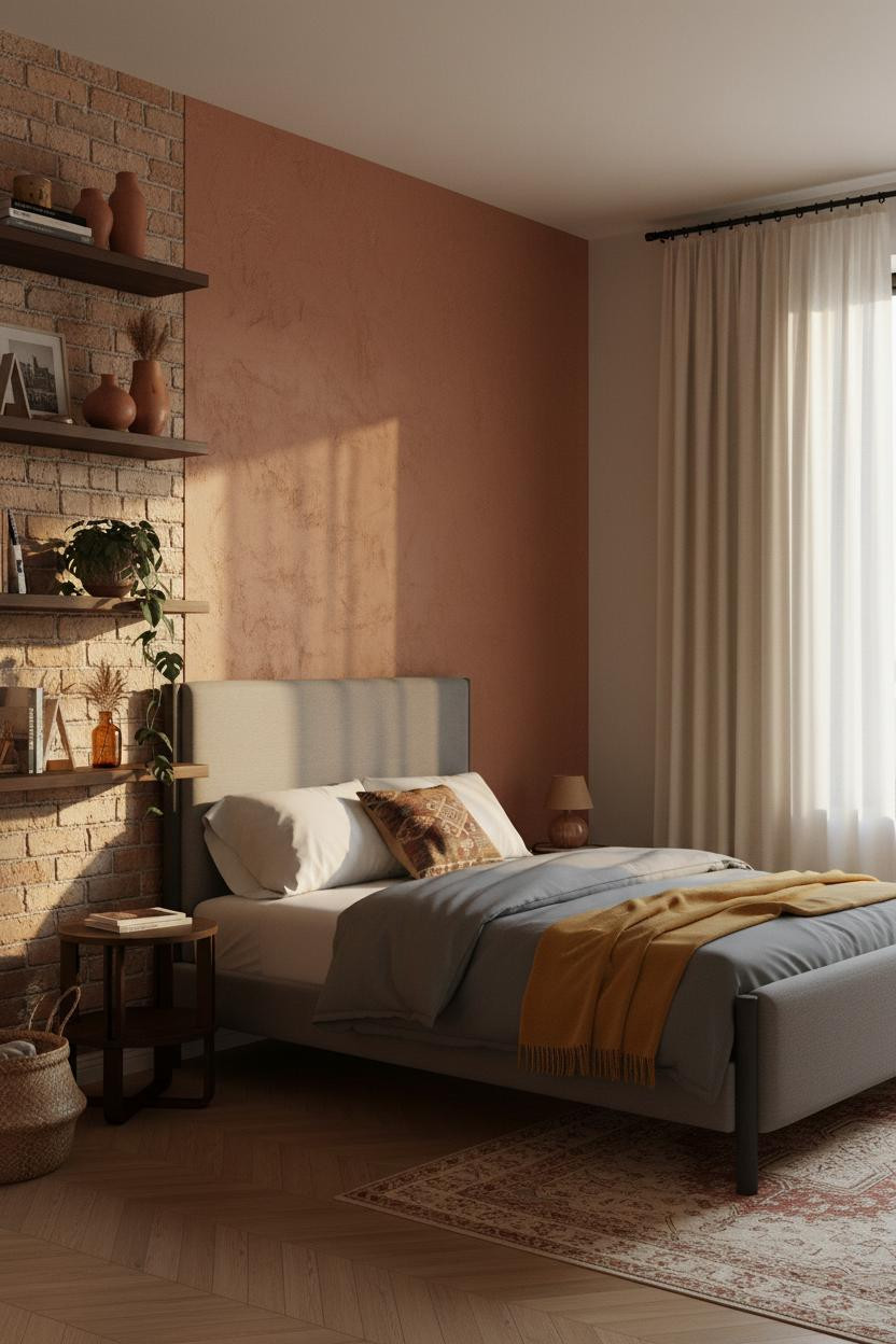 Modern Eclectic Bedroom Exposed Brick Nightstand