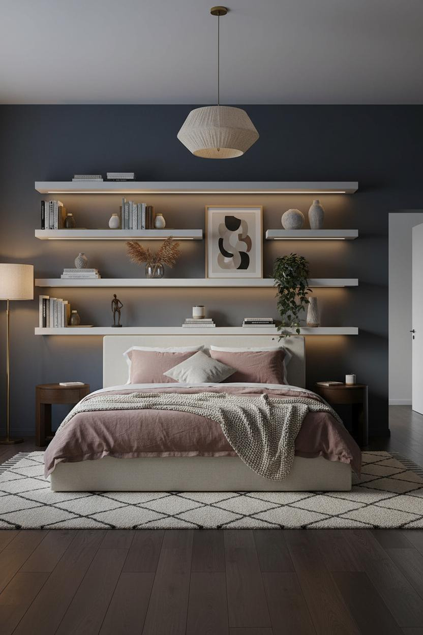 Modern Eclectic Bedroom Oak Shelving Warm Lighting