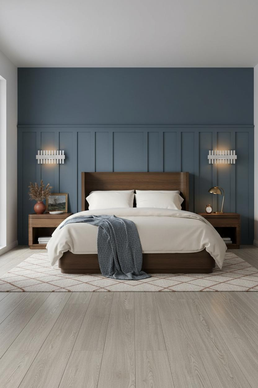 Modern Eclectic Bedroom Dusty Blue Accent Wall