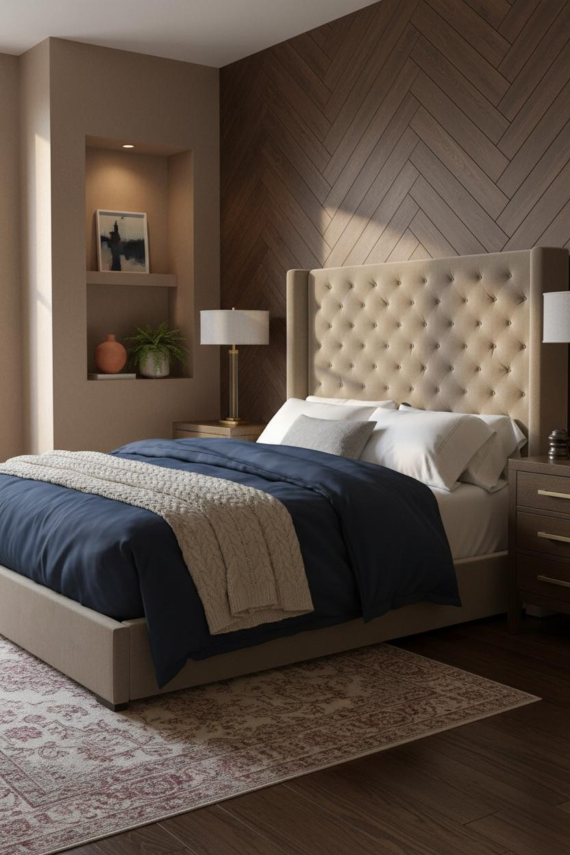 Modern Eclectic Bedroom Herringbone Wood Accent