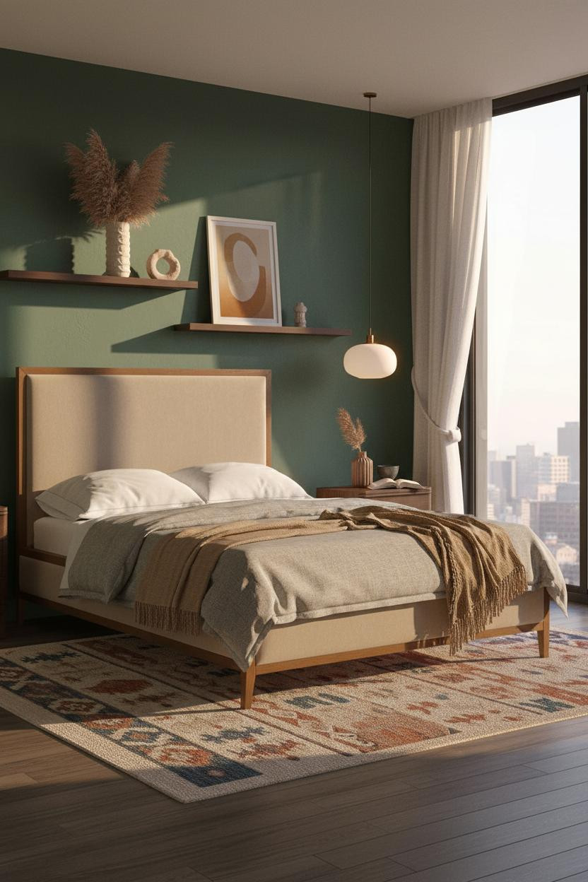 Modern Eclectic Bedroom Forest Green Accent Wall
