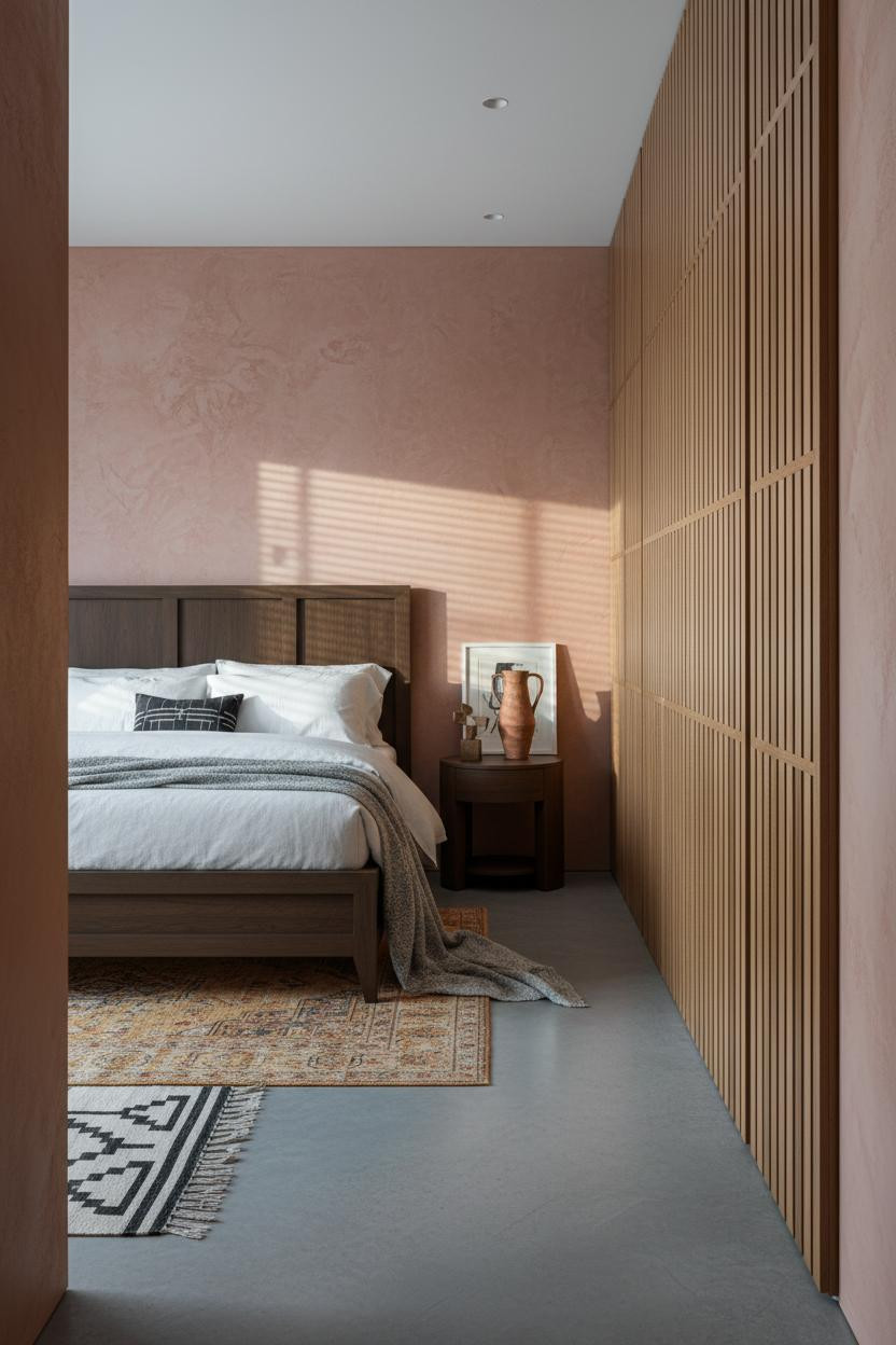 Eclectic Bedroom Oak Wall Panels Concrete Floor