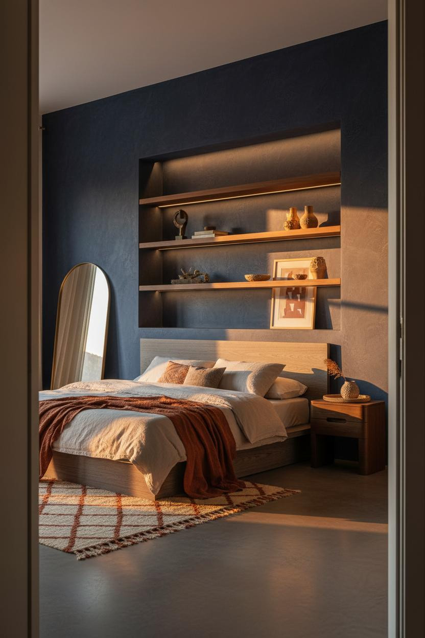 Modern Eclectic Bedroom Indigo Niche Warm Lighting