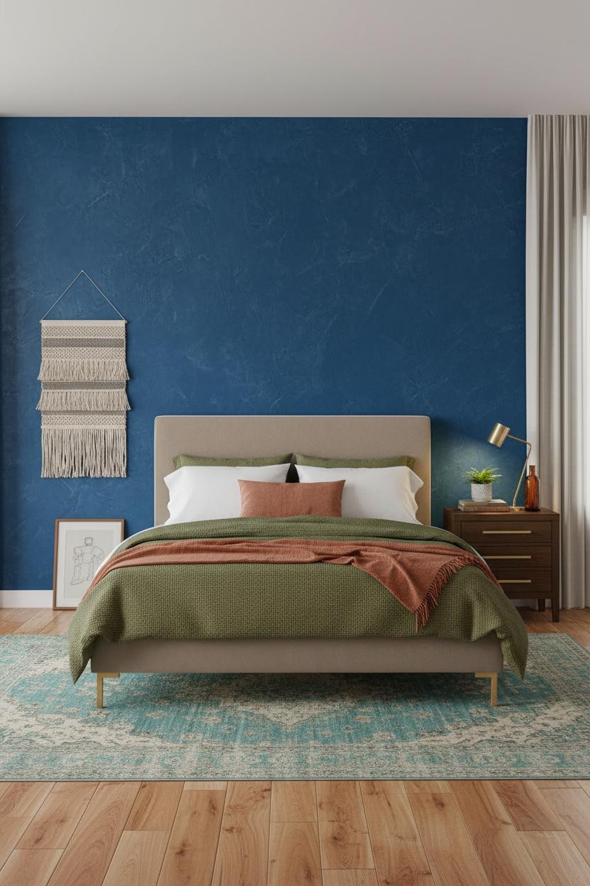 Modern Eclectic Bedroom Cobalt Textured Accent Wall