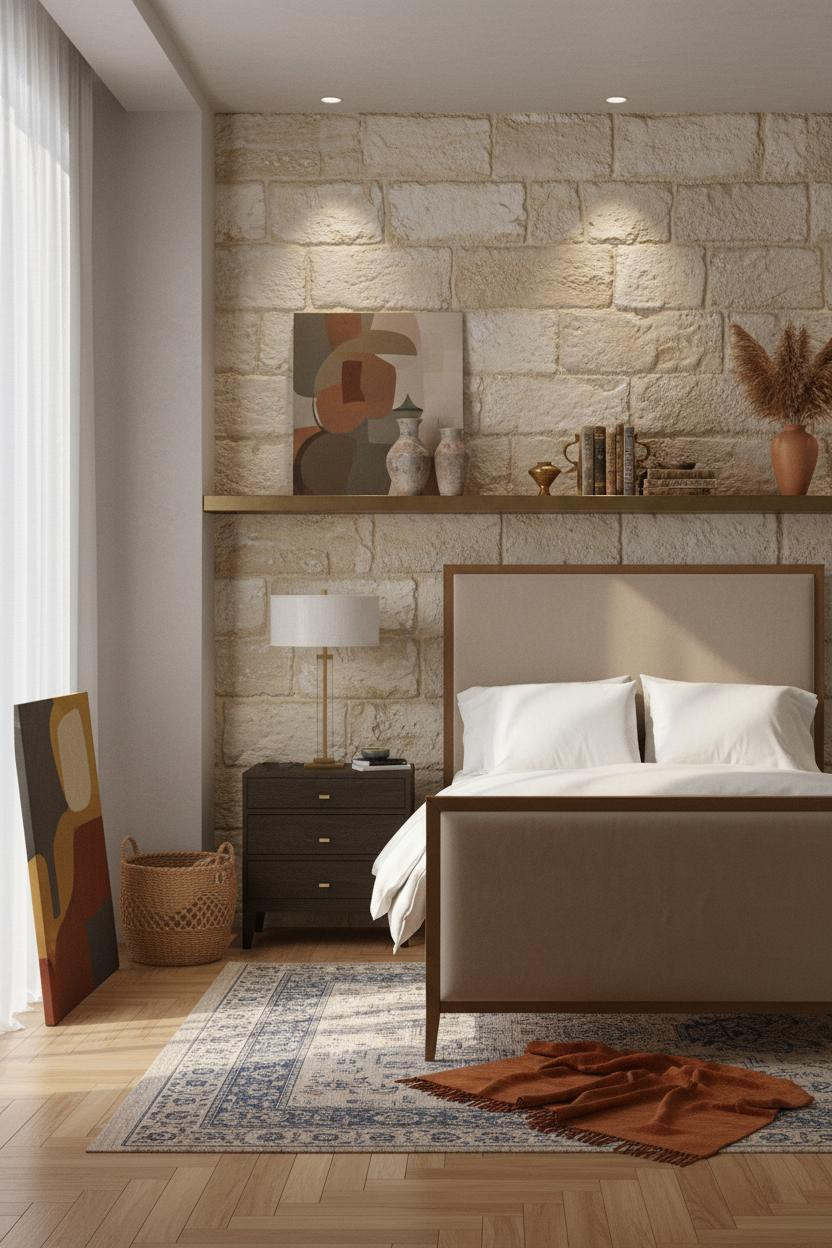 Modern Eclectic Bedroom Stone Accent Wall