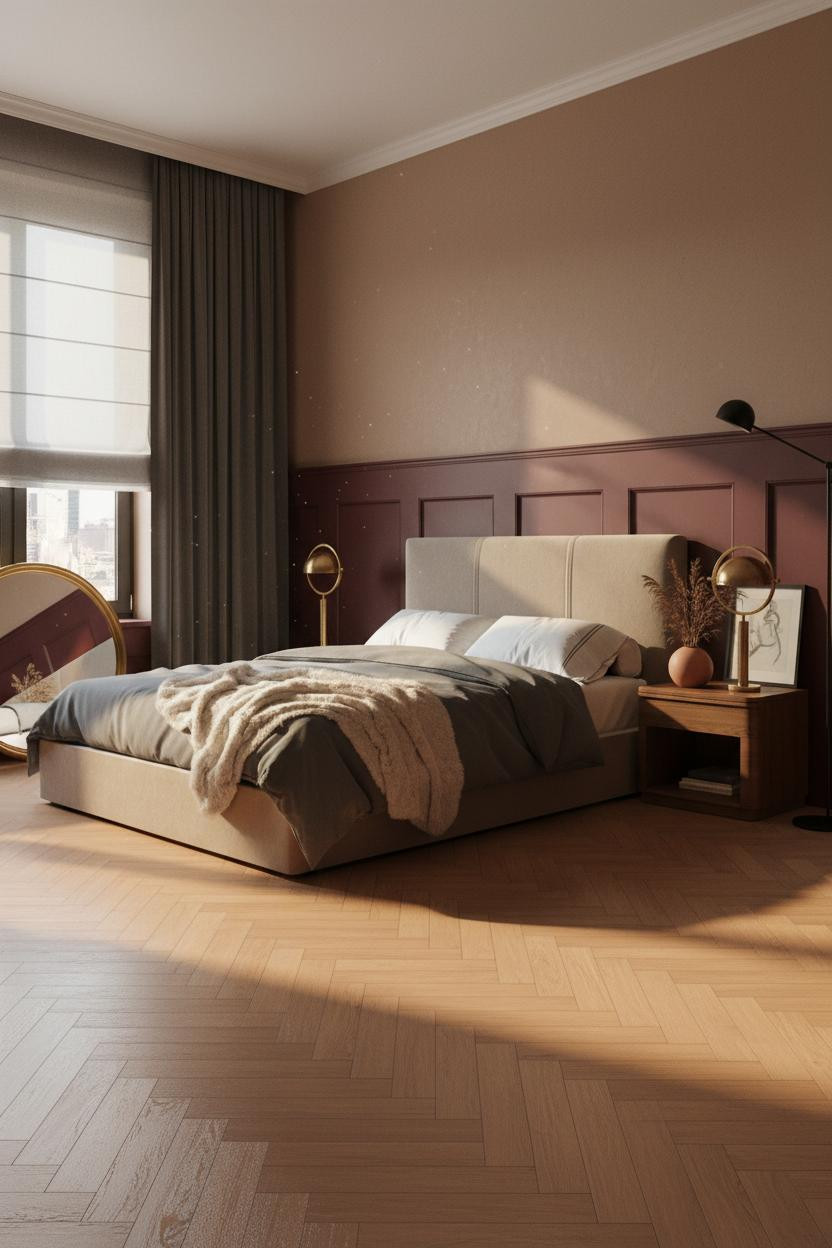 Modern Eclectic Bedroom Burgundy Wainscoting Design
