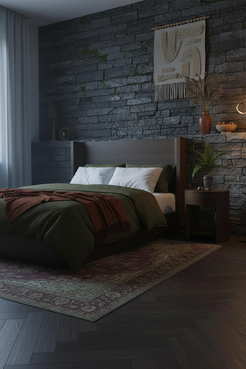 Dark Cottagecore Bedroom Stone Accent Wall
