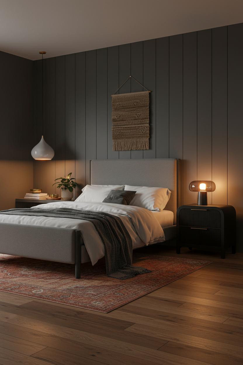 Black Bedframe Bedroom Ideas Moody Evening Lighting