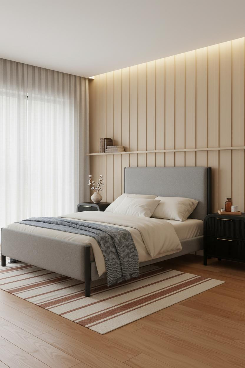 Black Bedframe MCM Warm Neutral Bedroom