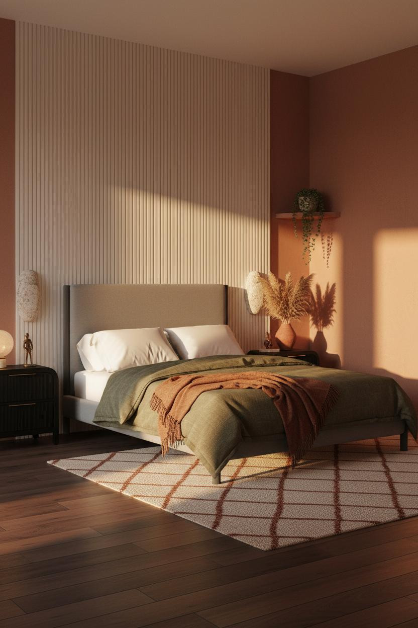 Black Bedframe Japandi Bedroom Fluted Walls