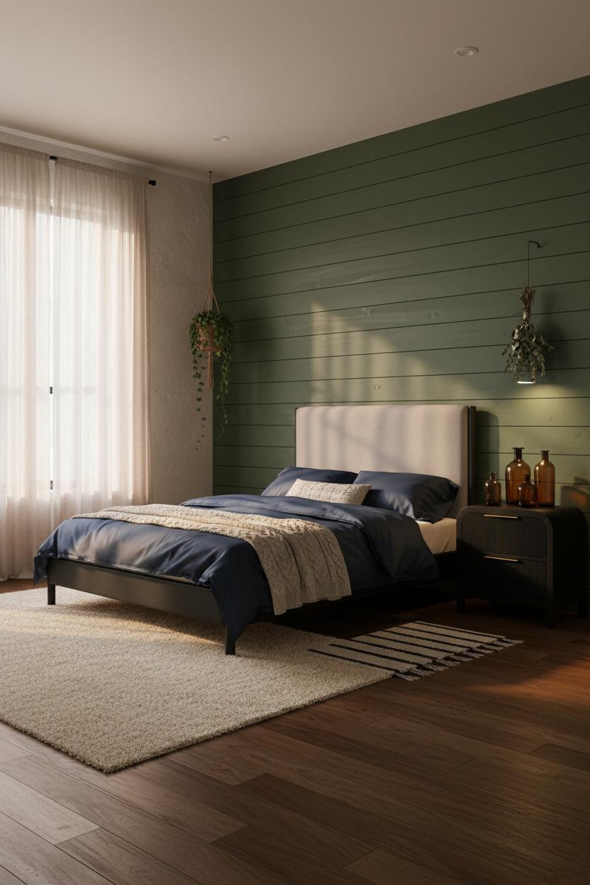 Black Bedframe Forest Green Boho Bedroom