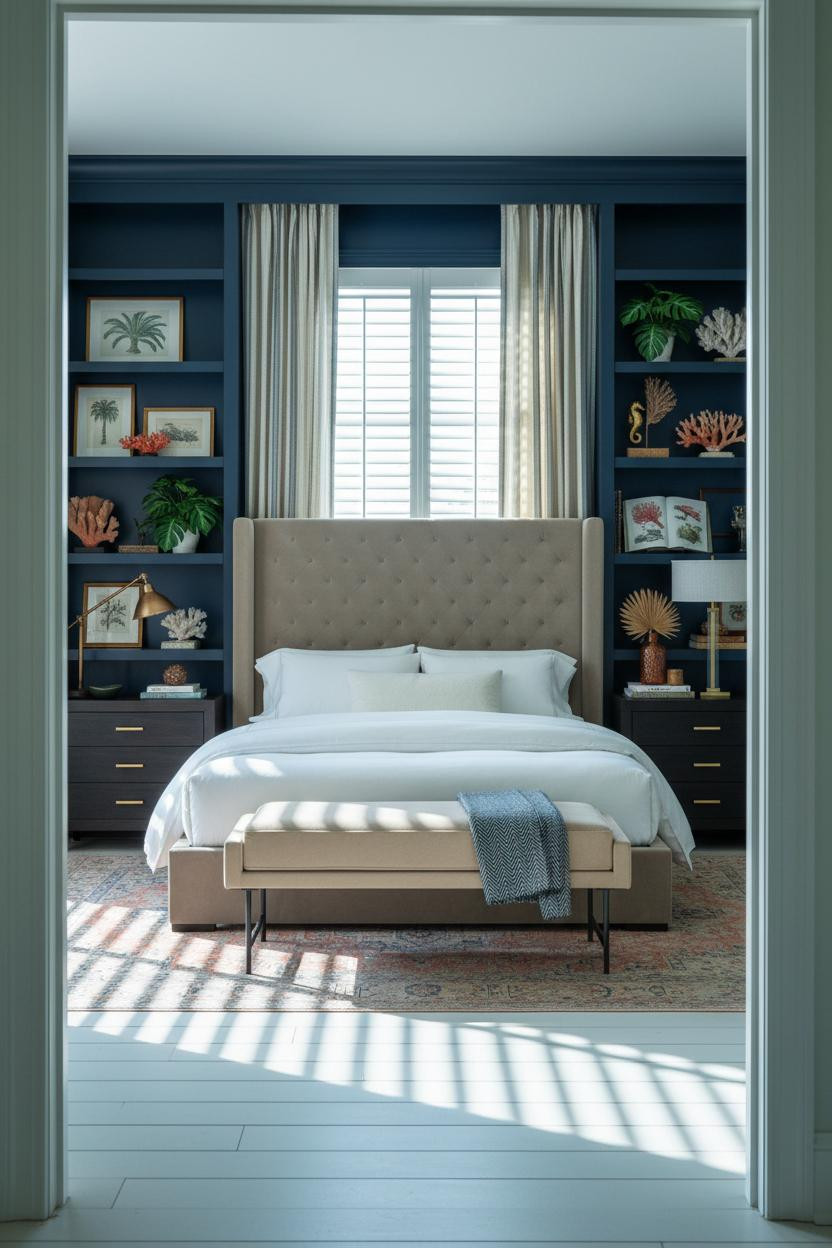 Palm Beach Bedroom Navy Bookshelf Botanical