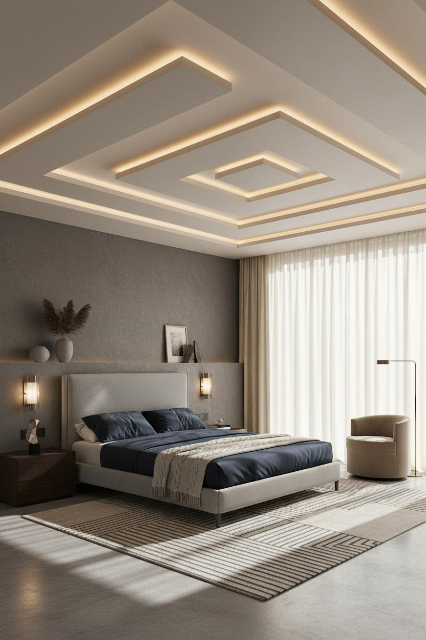 Luxury Bedroom Pop Ceiling Geometric LED