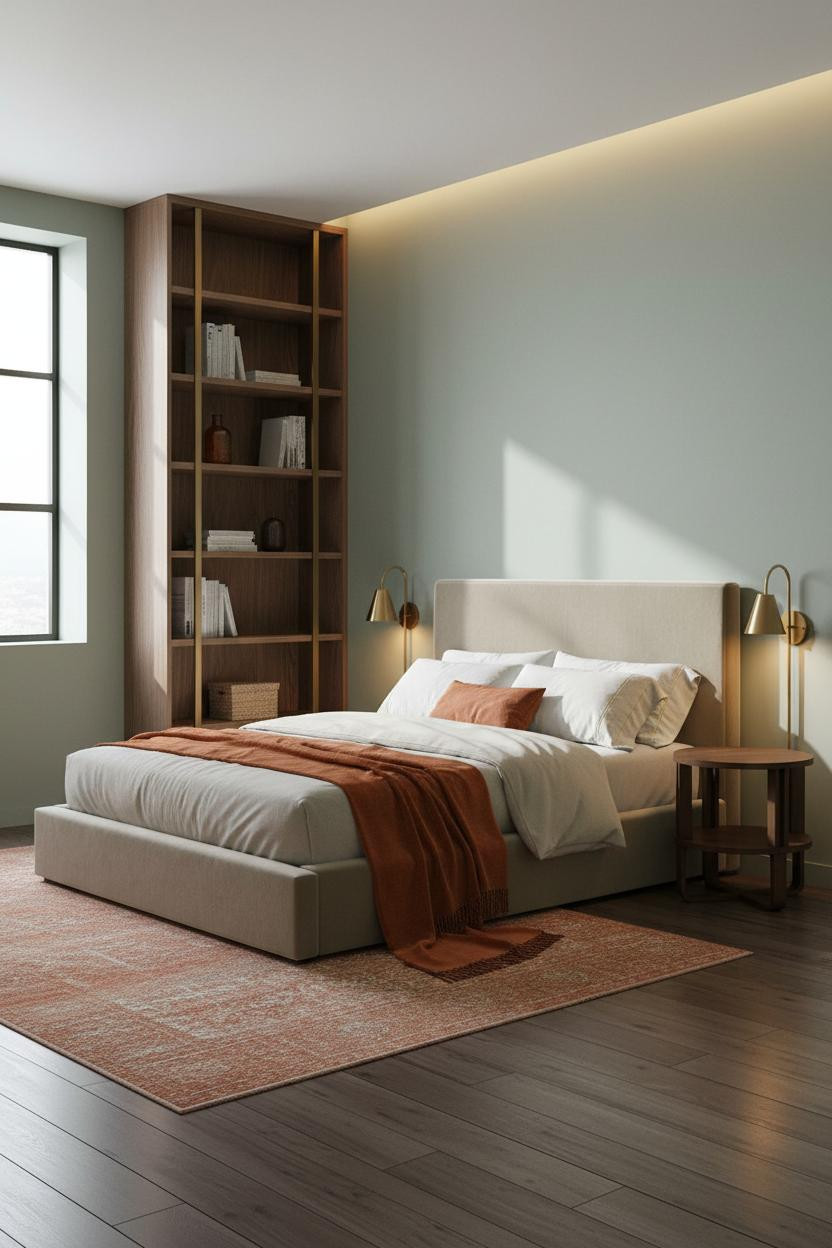 Modern Studio Apartment Walnut Shelving Brass
