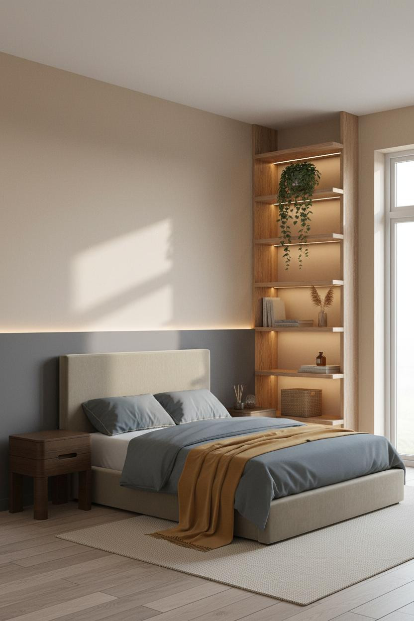 Modern Studio Apartment Corner Shelving Warm Lighting