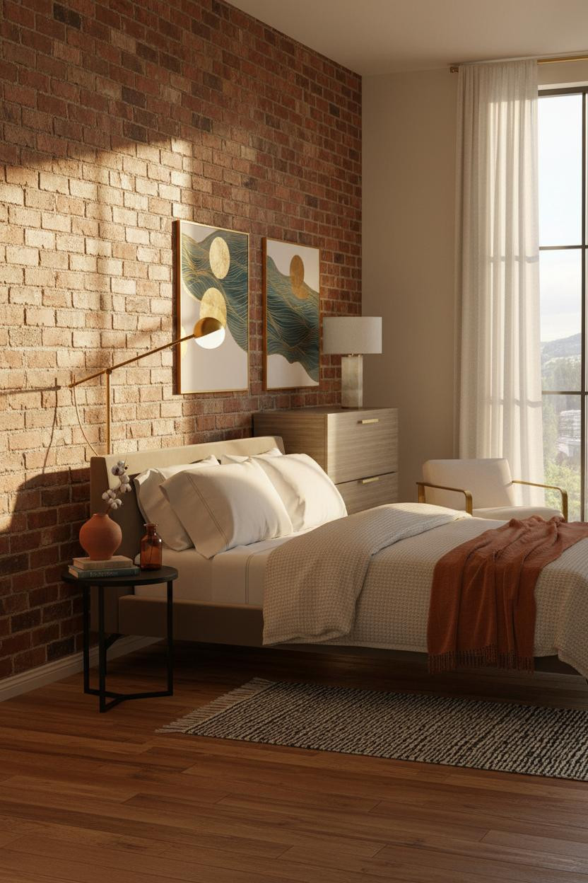 Modern Studio Apartment Exposed Brick Warm Lighting