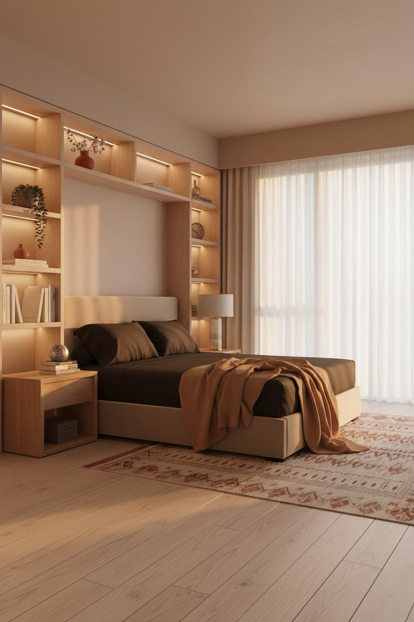 Modern Studio Apartment Warm Shelving Design