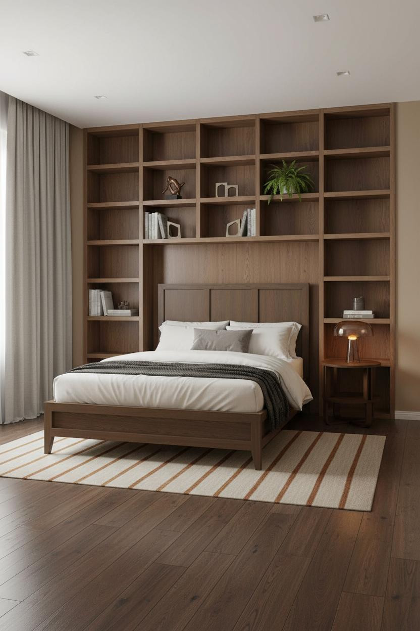 Bedroom Earth Tones Walnut Shelving Linen