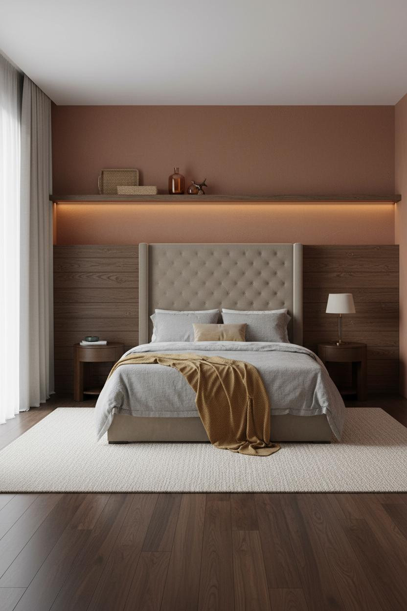 Warm Neutral Bedroom Earth Tones Walnut Shelf