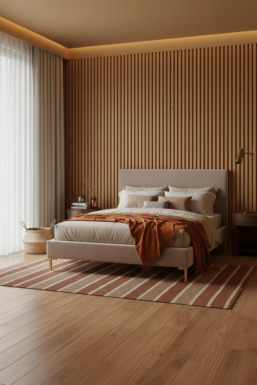 Bedroom Earth Tones Warm Neutral Wood Paneling