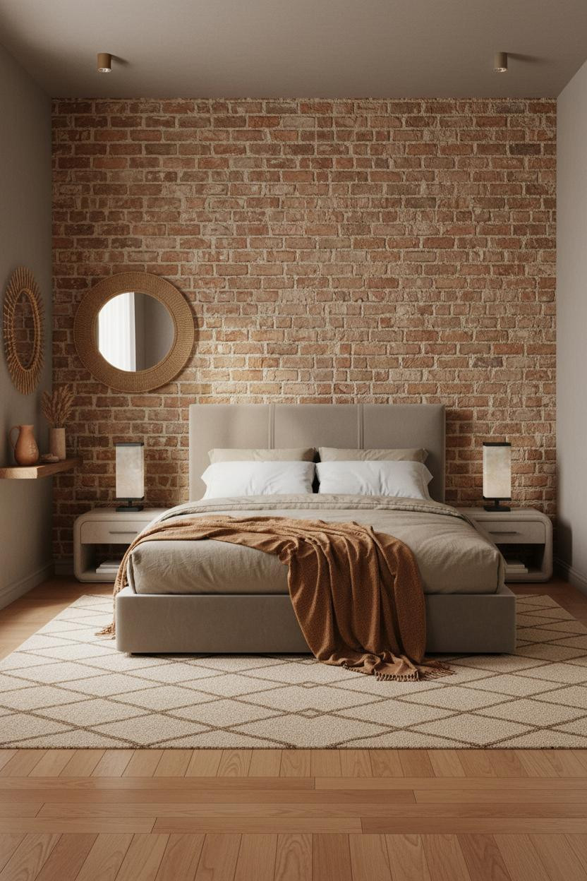 Warm Neutral Bedroom Earth Tones Exposed Brick