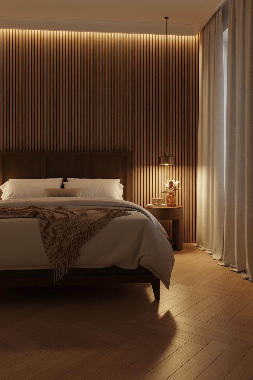 Dark Brown Bed Frame Walnut Paneling Bedroom