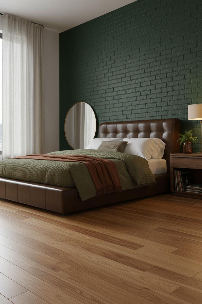 Dark Brown Bed Frame Forest Green Accent Wall