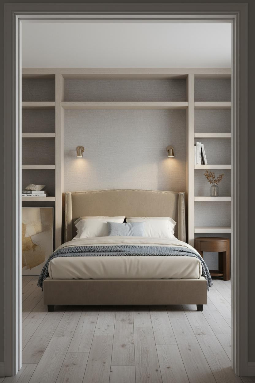 Transitional Bedroom Design Plaster Shelving