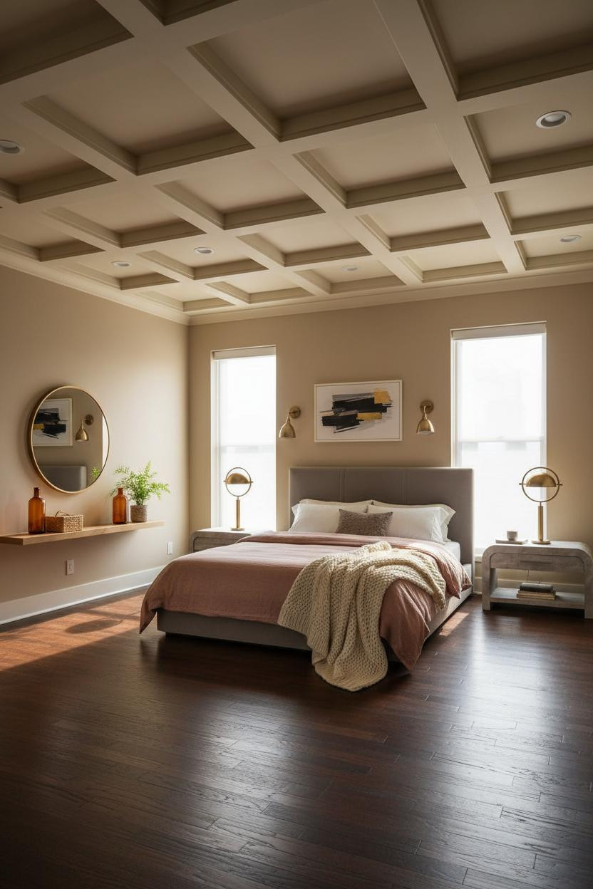 Transitional Bedroom Design Coffered Ceiling