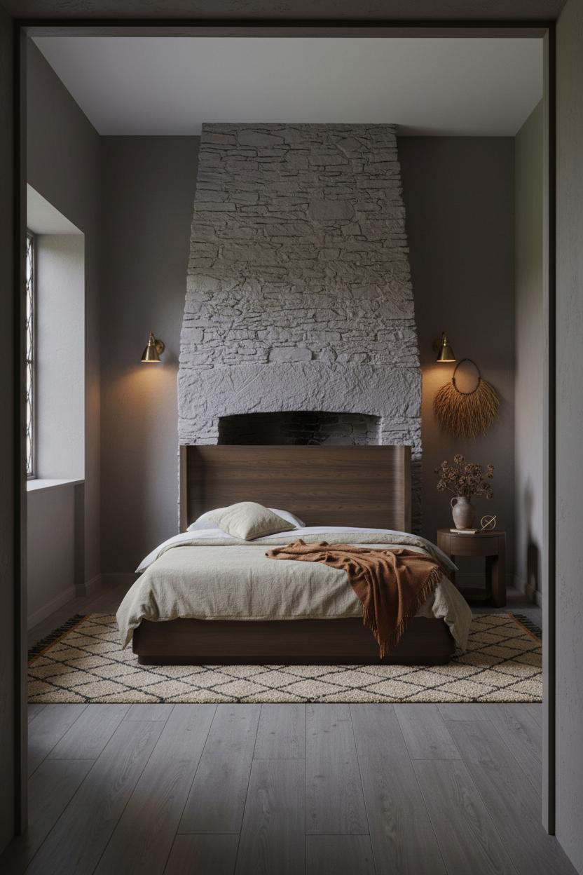 Dark Cottagecore Bedroom Stone Chimney