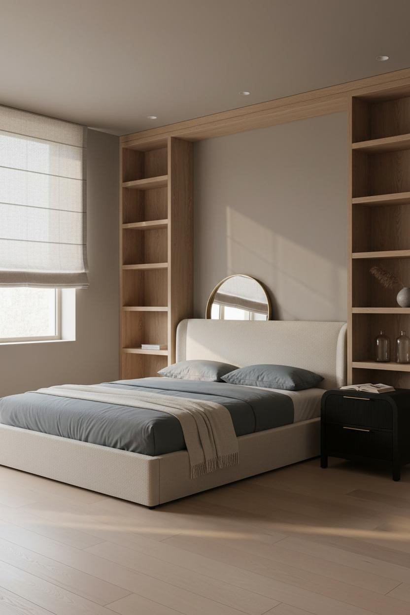 Minimalist Bedroom Oak Shelving Natural Light