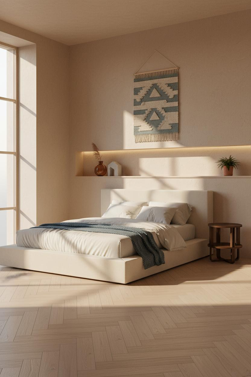 Minimalist Bedroom Warm Oak Shelf