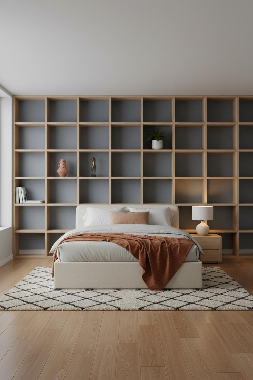 Minimalist Bedroom Birch Shelving Natural Light