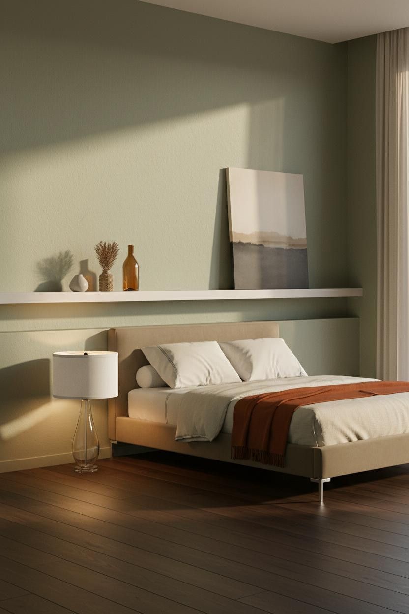 Minimalist Bedroom Sage Walls Floating Shelf