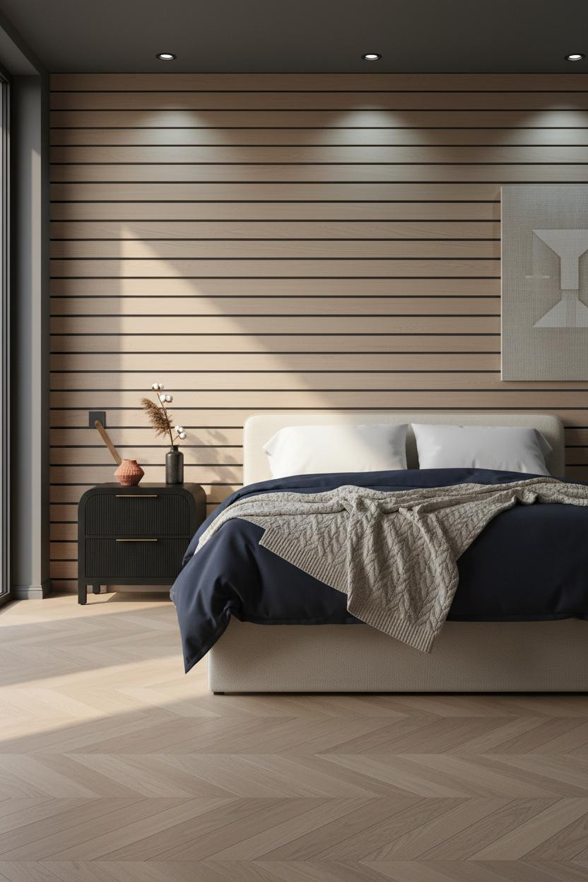 Minimalist Bedroom Oak Slat Wall Warm Light