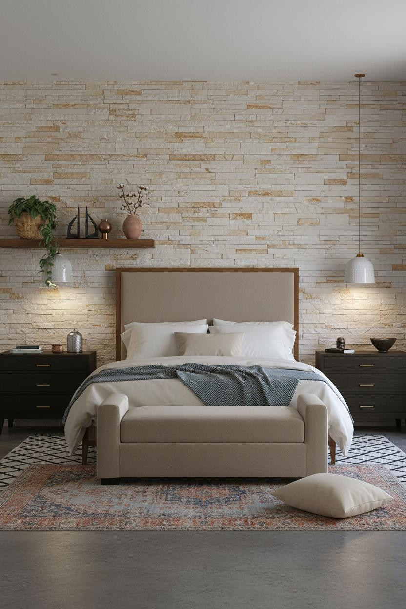 Earthy Boho Bedroom Stone Wall Design