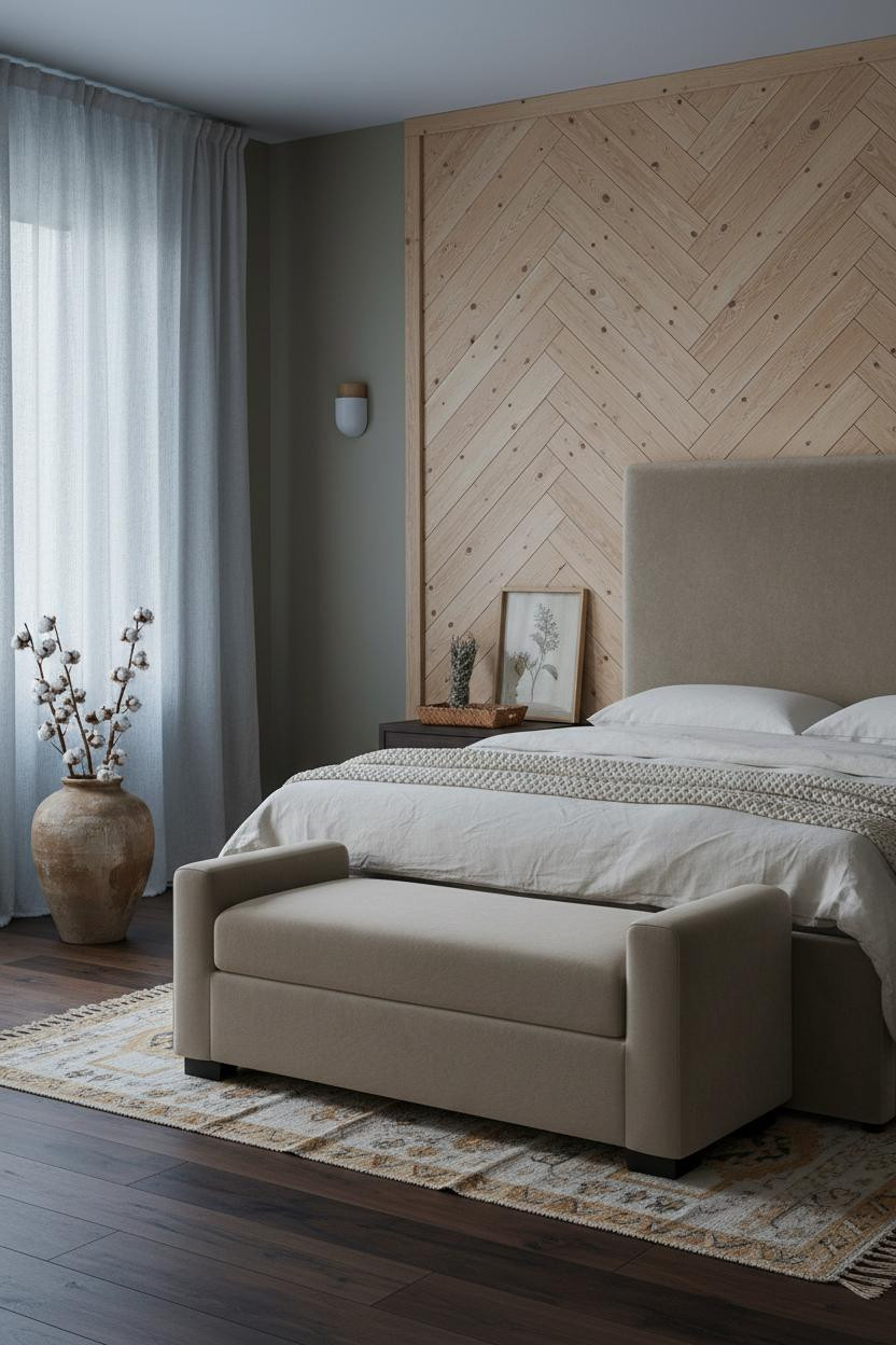 Earthy Boho Bedroom Herringbone Wood Wall