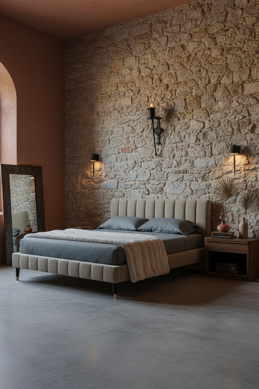 Hacienda Bedroom Stone Wall Mediterranean