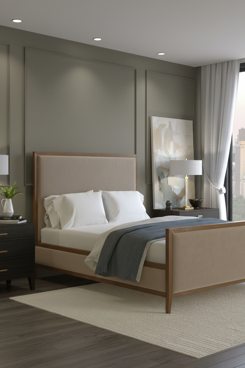 Classy Bedroom Linen Headboard Olive Walls