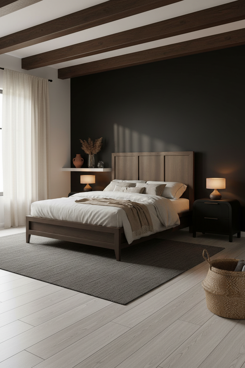 Black Oak Bedroom Ideas With Wood Beams