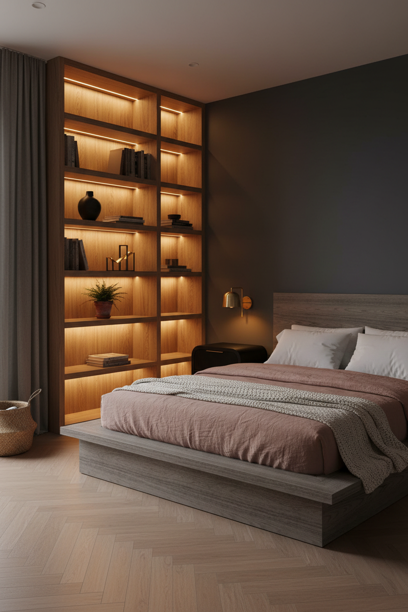 Black Oak Bedroom Shelving Lighting