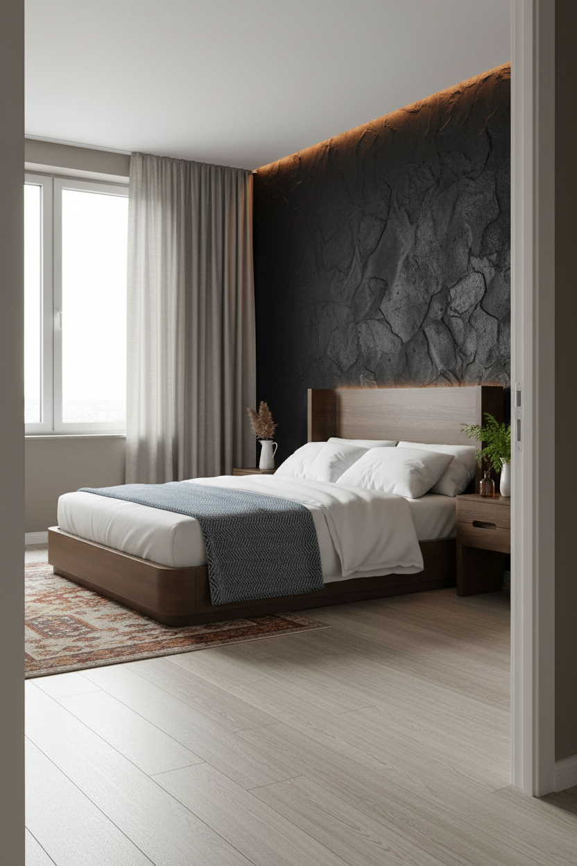 Black Oak Bedroom Textured Plaster Walls