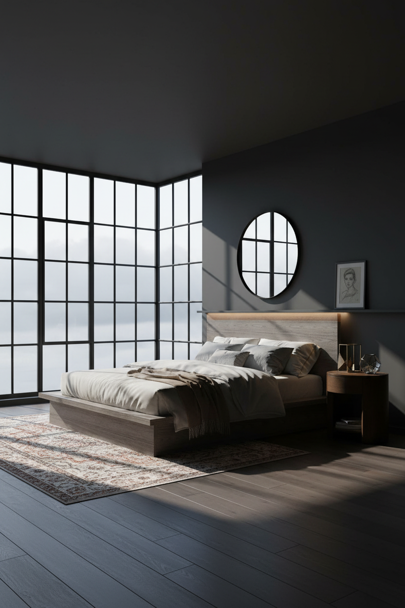 Black Oak Bedroom Industrial Windows