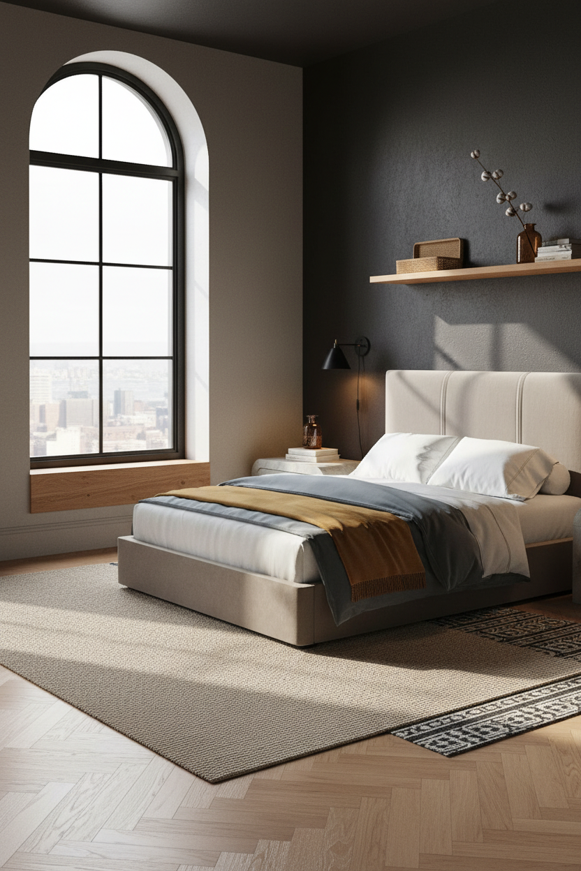 Black Oak Bedroom Arched Window Modern